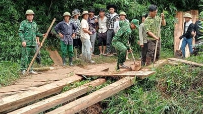 Tổ công tác biên phòng ở Nghệ An hỗ trợ người dân bản Mông làm cầu dân sinh qua khe, suối bị lũ cuốn trôi