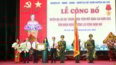 Zeremonie zur Bekanntgabe der Erreichung der Advanced New Rural-Standards und der Verleihung der Second Class Labour Medal an einen laotischen Bezirk