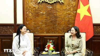 Vice President Vo Thi Anh Xuan receives female astronaut Amanda Nguyen.