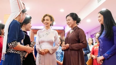 La señora Ngo Phuong Ly y el Director General de la UNESCO observan pinturas y disfrutan de un té.