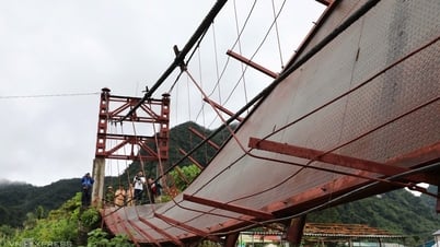 Cầu treo đứt cáp, xe chở cán bộ xã đi chống bão rơi xuống sông