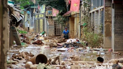 Sau 2 ngày nước lũ rút, người dân Tương Dương nhặt nhạnh đồ đạc trong bùn đất đặc quánh