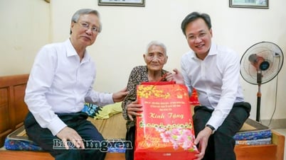 Nguyên Thường trực Ban Bí thư Trần Quốc Vượng và Bí thư Tỉnh ủy Nguyễn Hữu Nghĩa thăm, tặng quà người có công và hộ nghèo ở xã Tiền Hải