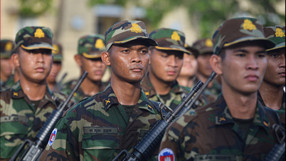 Image of the Royal Cambodian Army practicing for the National Day parade on September 2 in Vietnam