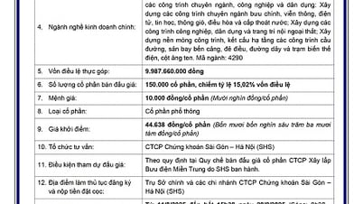 Thông báo bán đấu giá cổ phần của Tập đoàn VNPT tại Công ty CP Xây lắp Bưu điện Miền Trung