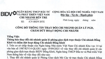 សេចក្តីជូនដំណឹងអំពីការផ្លាស់ប្តូរការិយាល័យគ្រប់គ្រងប្រតិបត្តិការសាខាក្រោមសាខា Dong Khoi និងការបញ្ចប់ប្រតិបត្តិការរបស់សាខា Dong Khoi