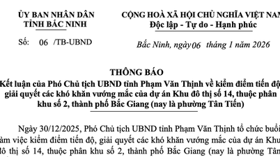 박닌성: 탄띠엔 동 인민위원회는 제14차 도시 지역 개발 사업에 필요한 토지 정리 작업을 2026년 2분기 내에 신속히 완료해 줄 것을 요청했습니다.