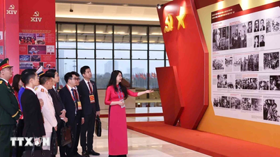 Delegații vizionează expoziția foto „Sub steagul partidului - Națiunea intră într-o nouă eră”.