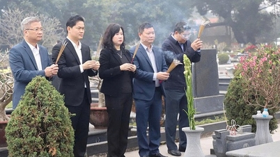 Menteri Dao Hong Lan dan delegasi dari Kementerian Kesihatan mempersembahkan kemenyan di Tanah Perkuburan Mai Dich di Hanoi.