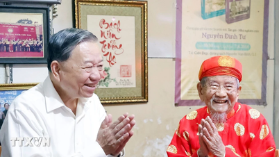 Setiausaha Agung To Lam mengucapkan selamat Tahun Baru kepada penyelidik berusia 106 tahun, Nguyen Dinh Tu.