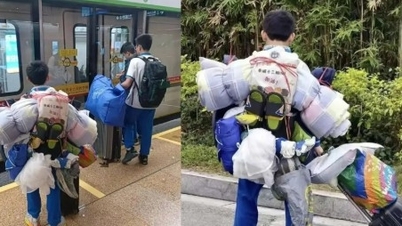 Pojke i åttonde klass blir viral för att ha släpat hem ett "berg av bagage" under Tet-helgen.