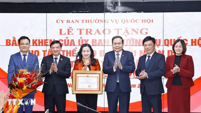 El presidente de la Asamblea Nacional, Tran Thanh Man, entrega un certificado de reconocimiento al periódico de representantes del pueblo.