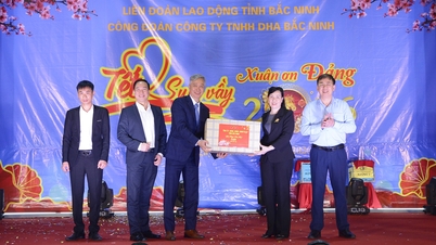 Nguyen Thi Ha, a Tartományi Hazafront Bizottságának elnöke Tet ajándékokat ad át szakszervezeti tagoknak és dolgozóknak Luong Tai községben.
