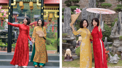 Merayakan datangnya musim semi dengan mengenakan ao dai tradisional, melestarikan keindahan Tet Vietnam (Tahun Baru Imlek).