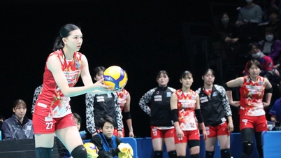 Mittblockaren Tran Thi Bich Thuy övervinner svårigheter i den japanska volleybollturneringen.