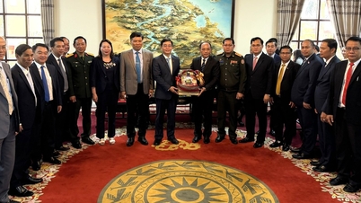 Secretary of the Hanoi Party Committee Nguyen Dinh Trung receives the high-ranking delegation from Attapu province.