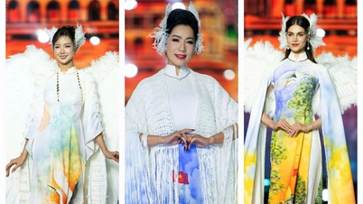 Para ratu kecantikan bersinar dalam koleksi gaun tradisional Vietnam ao dai karya desainer Viet Hung.
