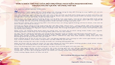 សារលិខិតអបអរសាទររបស់លោក ង្វៀន ម៉ាញ់ហ៊ុង ក្នុងឱកាសទិវានារីអន្តរជាតិ ៨ មីនា។