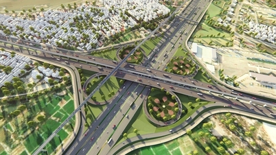 מבט מקרוב על התקדמות כביש הטבעת 4 - מחלף כביש לאומי 6: נקודת ציון תחבורתית מרכזית במערב האנוי.