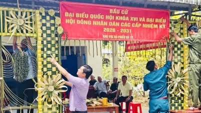 An Giang: Gerbang masuk tempat pemungutan suara yang unik terbuat dari daun kelapa.
