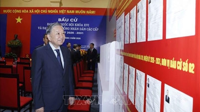 Secretaris-generaal To Lam brengt zijn stem uit in de wijk Ba Dinh in Hanoi.