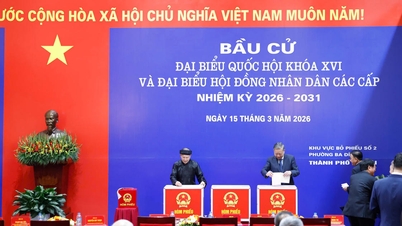 Secretaris-generaal To Lam brengt zijn stem uit tijdens de verkiezingen in de wijk Ba Dinh in Hanoi.