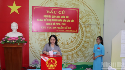 អនុប្រធានាធិបតី វ៉ូ ធីអាញ់ស្វឹន បោះឆ្នោតជាមួយអ្នកបោះឆ្នោតនៅសង្កាត់ឡុងស្វៀន ខេត្តអានយ៉ាង។