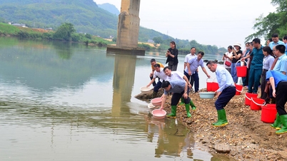 Upacara pelepasan benih ikan untuk memulihkan sumber daya perairan.