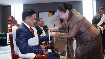 Anggota tetap Komite Sentral Partai, Tran Cam Tu, menghadiri upacara pengikatan gelang tangan tradisional Laos.