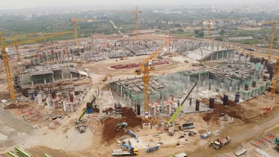 A close-up view of the massive construction site of the 60,000-seat PVF stadium.