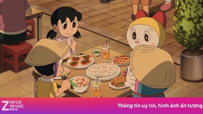 រូបភាពរបស់ Doraemon កំពុងញ៉ាំនំប៉័ង និងបាយ។