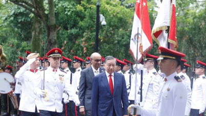 Uma grande cerimônia de boas-vindas para o Secretário-Geral e Presidente To Lam e sua esposa em Singapura.
