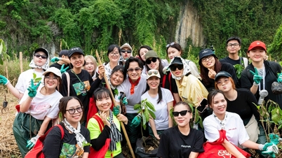 Ha Anh Tuan, Bui Cong Nam e Phung Khanh Linh attraversano il fango per piantare alberi.