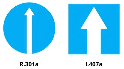How should traffic signs with arrows pointing straight ahead, and varying shapes, be correctly interpreted?