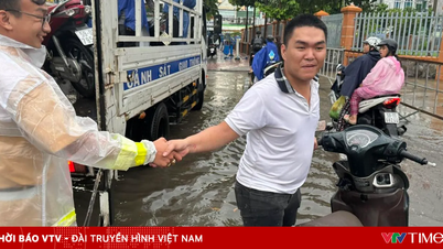 Ho Chi Minh şehrinde sel sularıyla kaplı yollarda insanlara yardımcı olmak için trafik polisi özel araçlar kullanıyor.