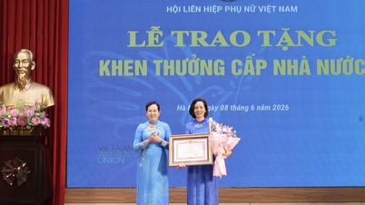 Vice ordförande för Vietnams kvinnoförbund, Nguyen Thi Minh Huong, tar emot ett utmärkelsediplom från premiärministern.