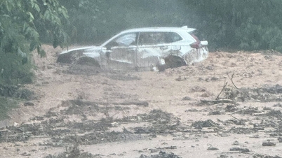 Sebuah mobil terjebak di lumpur setelah tanah longsor di Lai Chau, para penumpang berhasil menyelamatkan diri tanpa cedera.