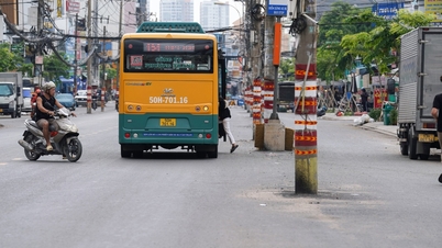 En närbild av serien av elstolpar som blockerar ett mångmiljardprojekt vid porten till Ho Chi Minh-staden.