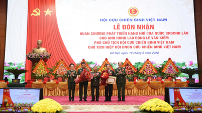 Labor Hero Le Van Kiem and his son Le Huy Hoang jointly received the Lao Development Order.