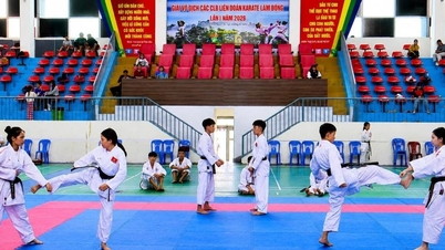 185 estudantes de artes marciais da província de Lam Dong fazem o exame nacional de promoção ao karatê.