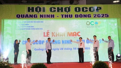 Stand med sikre landbrugsprodukter og OCOP-produkter fra Ninh Binh-provinsen på Quang Ninh OCOP-messen – efterår-vinter 2025, fra 28. oktober til 3. november 2025.