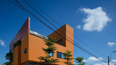 La casa naranja resalta sobre los árboles verdes.