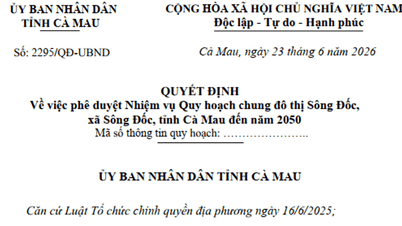 គម្រោងរៀបចំផែនការទីក្រុងឆ្នេរសមុទ្រសម្រាប់ខេត្ត Song Doc គ្របដណ្តប់លើផ្ទៃដី ៨.៣០០ ហិកតានៅខេត្ត Ca Mau៖ ចក្ខុវិស័យសម្រាប់តំបន់ទីក្រុងប្រភេទទី ៣ នៅឆ្នាំ ២០៥០។