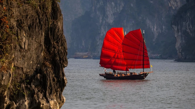 Enam perahu layar merah berdinding tiga secara resmi menyambut wisatawan di Teluk Ha Long.