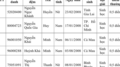 Liste der Kandidaten, die einen Bonus von 0,5 bis 1 Punkt für die Zulassung zur Pham Ngoc Thach Universität für Medizin erhalten haben.